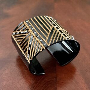 Art Deco Geometric Cuff Bracelet with Rhinestone Accents: Early Plastics; 5.25”
